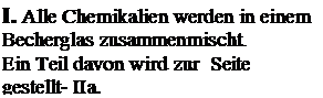 Textfeld: I. Alle Chemikalien werden in einem  Becherglas zusammenmischt.
Ein Teil davon wird zur  Seite gestellt- IIa.

