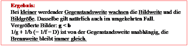 Textfeld: Ergebnis:
Bei kleiner werdender Gegenstandsweite wachsen die Bildweite und die Bildgre. Dasselbe gilt natrlich auch im umgekehrten Fall.
Vergrerte Bilder: g < b
1/g + 1/b (= 1/f = D) ist von der Gegenstandsweite unabhngig, die Brennweite bleibt immer gleich.



