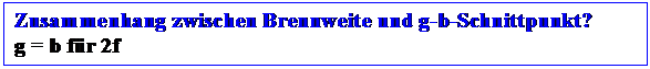 Textfeld: Zusammenhang zwischen Brennweite und g-b-Schnittpunkt?
g = b fr 2f
