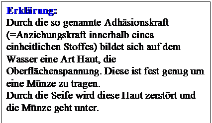 Textfeld: Erklärung:
Durch die so genannte Adhäsionskraft (=Anziehungskraft innerhalb eines einheitlichen Stoffes) bildet sich auf dem Wasser eine Art Haut, die Oberflächenspannung. Diese ist fest genug um eine Münze zu tragen.
Durch die Seife wird diese Haut zerstört und die Münze geht unter.