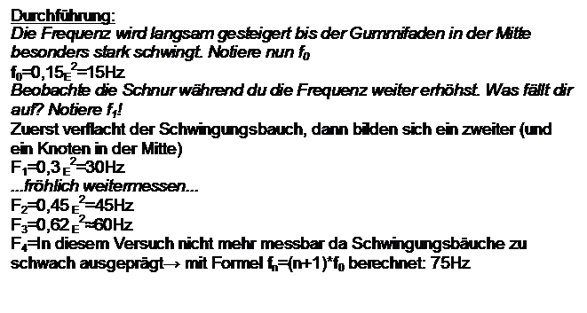 Textfeld: Durchfhrung:
Die Frequenz wird langsam gesteigert bis der Gummifaden in der Mitte besonders stark schwingt. Notiere nun f0 
f0=0,15E2=15Hz
Beobachte die Schnur whrend du die Frequenz weiter erhhst. Was fllt dir auf? Notiere f1!
Zuerst verflacht der Schwingungsbauch, dann bilden sich ein zweiter (und ein Knoten in der Mitte)
F1=0,3 E2=30Hz
...frhlich weitermessen...
F2=0,45 E2=45Hz
F3=0,62 E2≈60Hz
F4=In diesem Versuch nicht mehr messbar da Schwingungsbuche zu schwach ausgeprgt→ mit Formel fn=(n+1)*f0 berechnet: 75Hz




