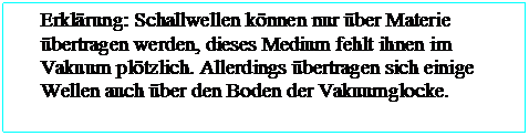 Textfeld: Erklrung: Schallwellen knnen nur ber Materie bertragen werden, dieses Medium fehlt ihnen im Vakuum pltzlich. Allerdings bertragen sich einige Wellen auch ber den Boden der Vakuumglocke.