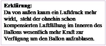 Textfeld: Erklrung: 
Da von auen kaum ein Luftdruck mehr wirkt,  steht der ohnehin schon kompensierten Luftfllung im Inneren des Ballons wesentlich mehr Kraft zur Verfgung um den Ballon aufzublasen. 

